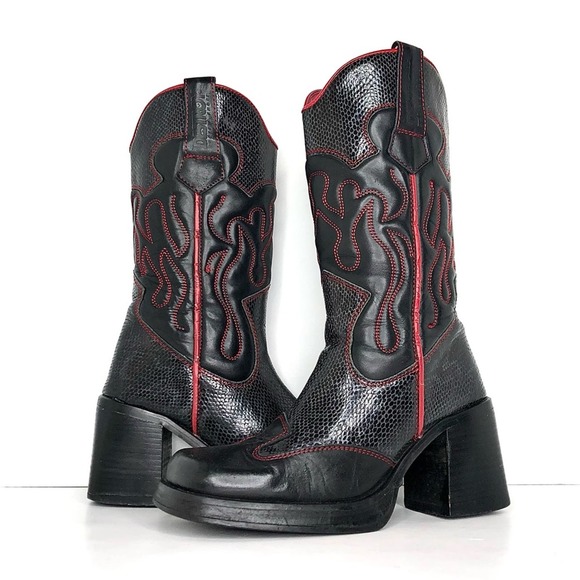 Vintage Destroy Snake Print Square Toe Cowgirl Platform Boots Women’s 40 Shoes - Picture 2 of 11